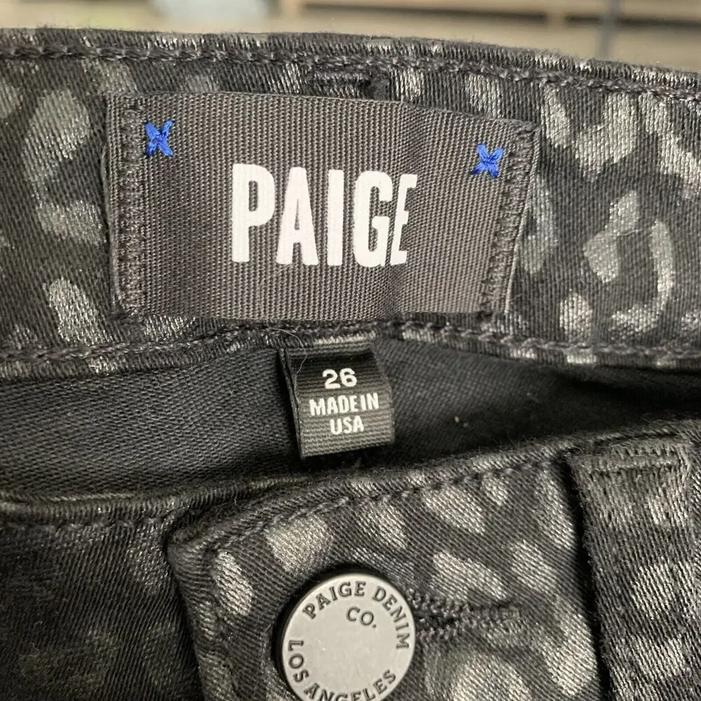 PAIGE Jeans Womens 26 HOXTON Ultra Skinny Denim Leopard Black High Rise NEW - Picture 2 of 7